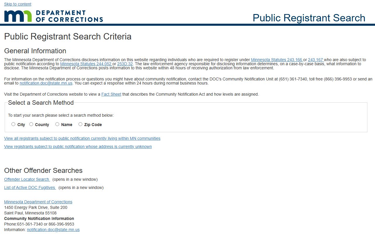 Grant County inmate records Minnesota DOC public registrant search